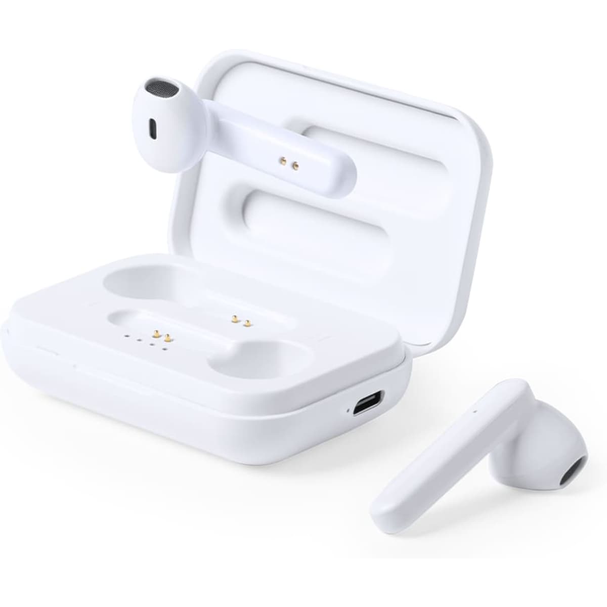 A pair of white earbuds in a charging case, with one earbud outside of the case. The case has a simple design.