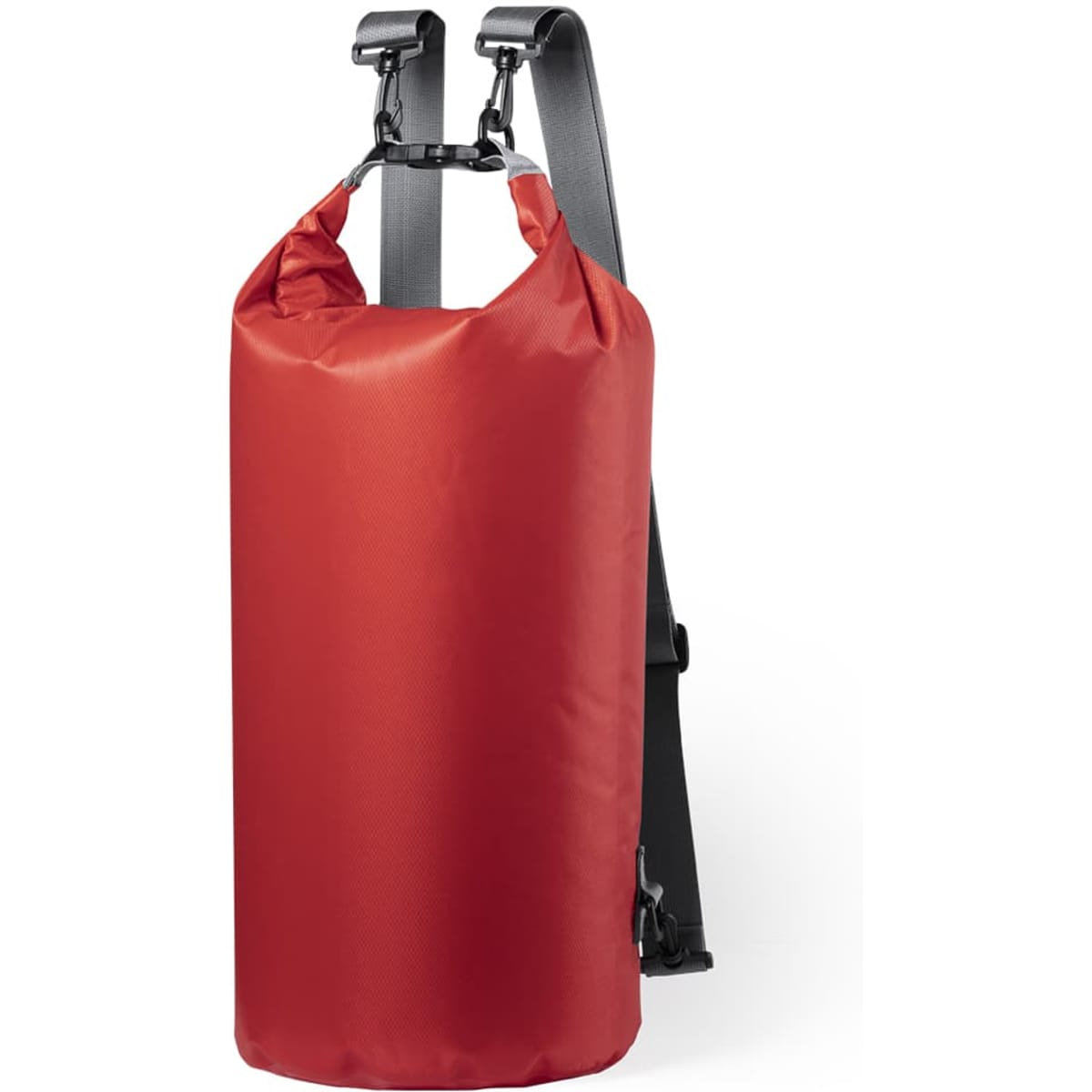 A red Tayrux backpack with black straps and a roll-top closure, designed for durability and style.