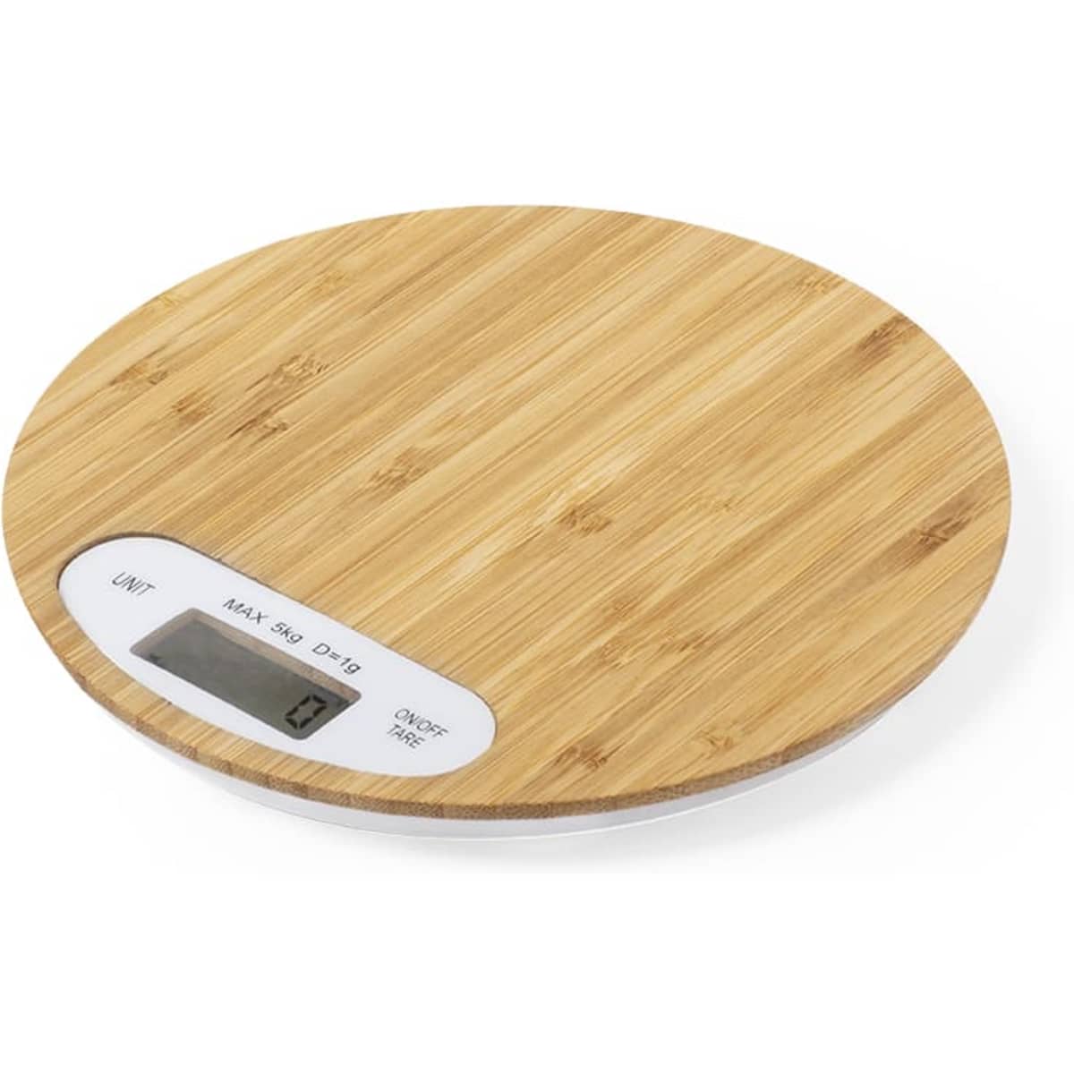 A round digital kitchen scale with a bamboo surface and a white display. It features a logo on the side.