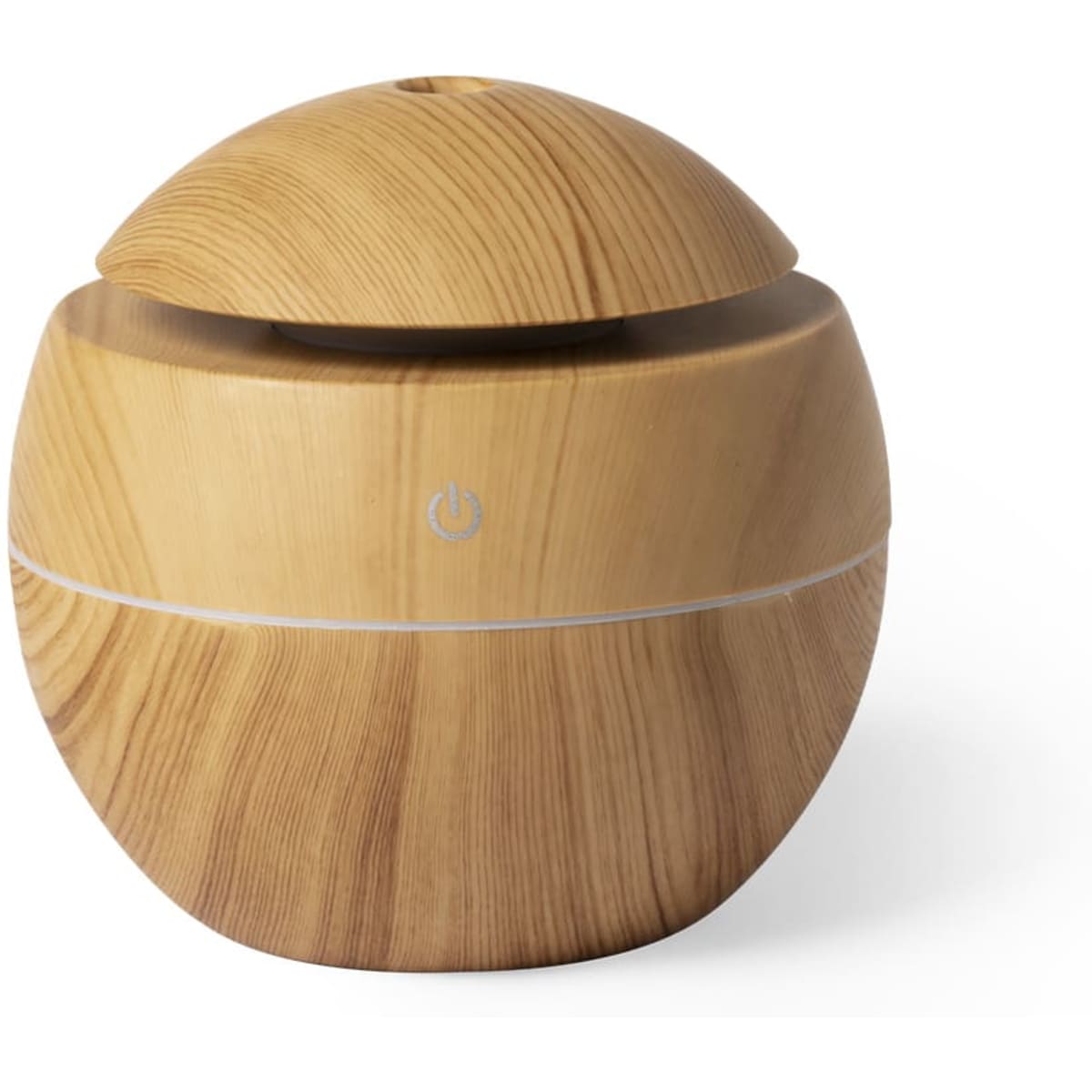 A wooden essential oil diffuser in a rounded shape, featuring a logo and a dome-shaped lid.
