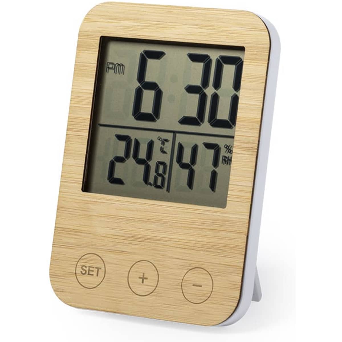 A digital clock with a bamboo frame displaying the time, temperature, and humidity levels. It features a simple control panel.
