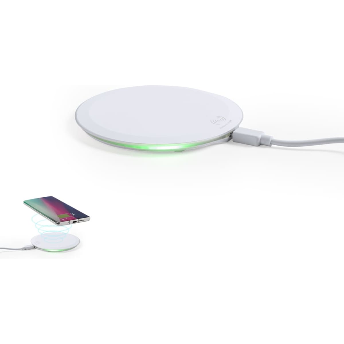 A white wireless charger with a glowing green base, connected to a smartphone by a charging cable. It features a logo.