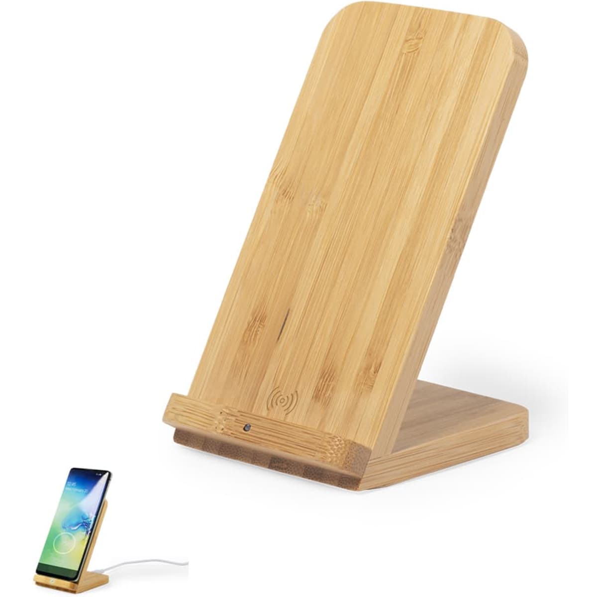A bamboo wireless charger with a sleek, angled design, featuring a small logo and a phone positioned beside it.