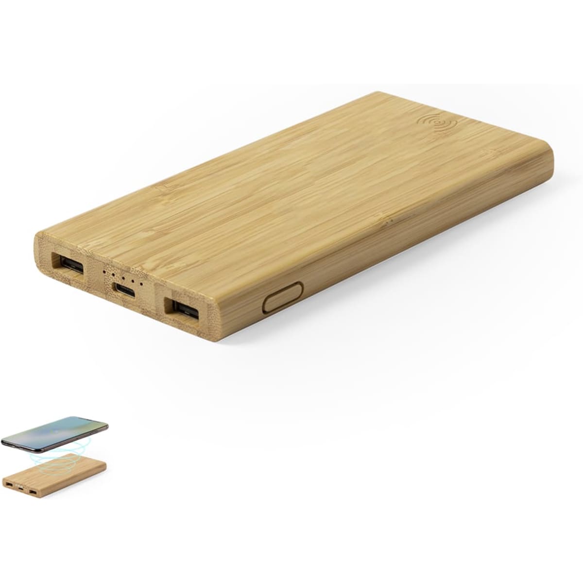 A bamboo power bank with two USB ports and a sleek, minimalist design, featuring a branding logo.