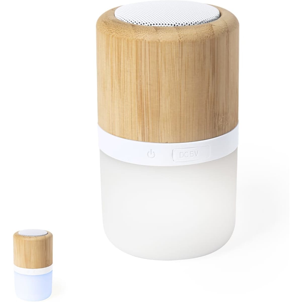 A bamboo Bluetooth speaker with a white light base and a small portable version beside it.