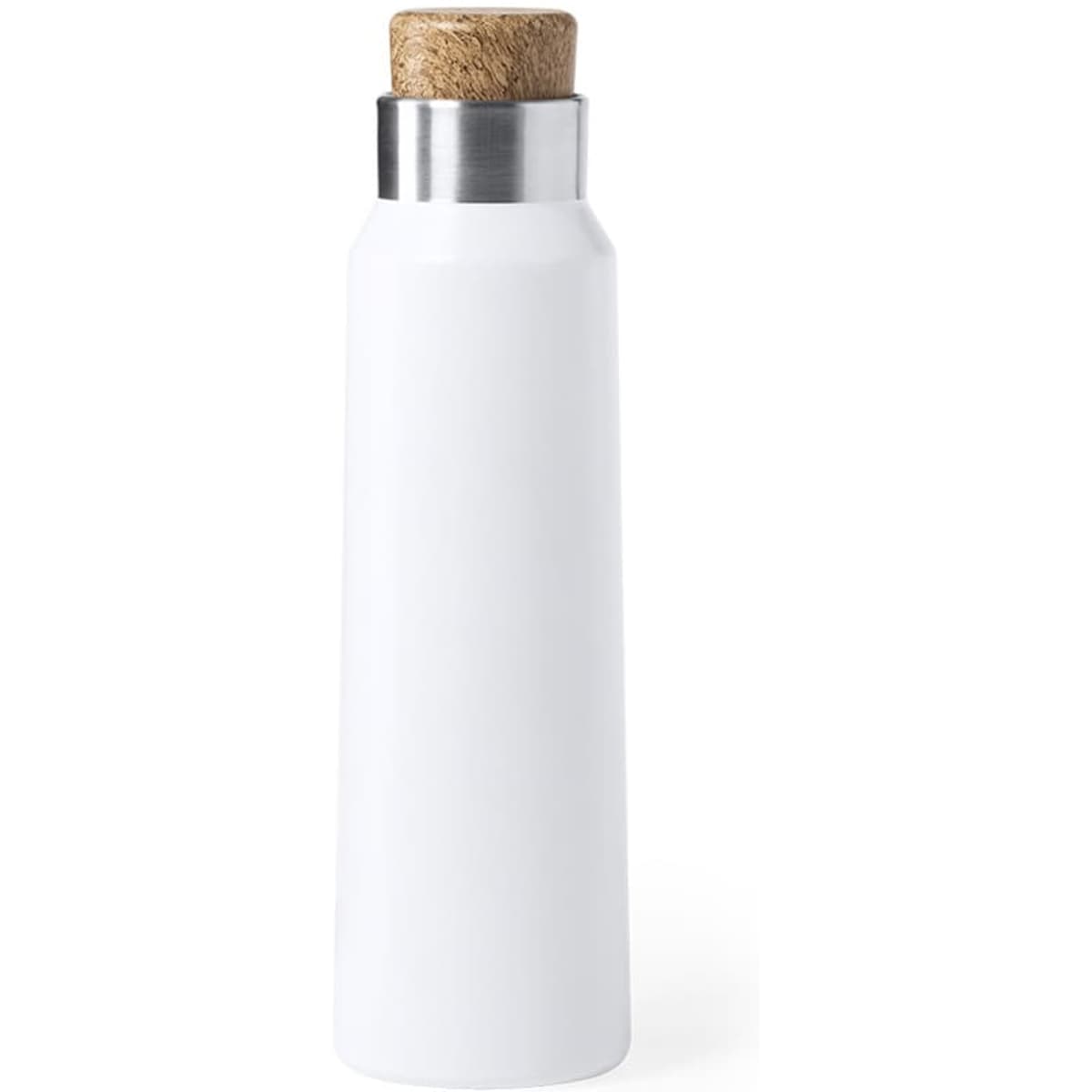 A drink bottle in white with a cork stopper and a stainless steel accent, featuring a logo.