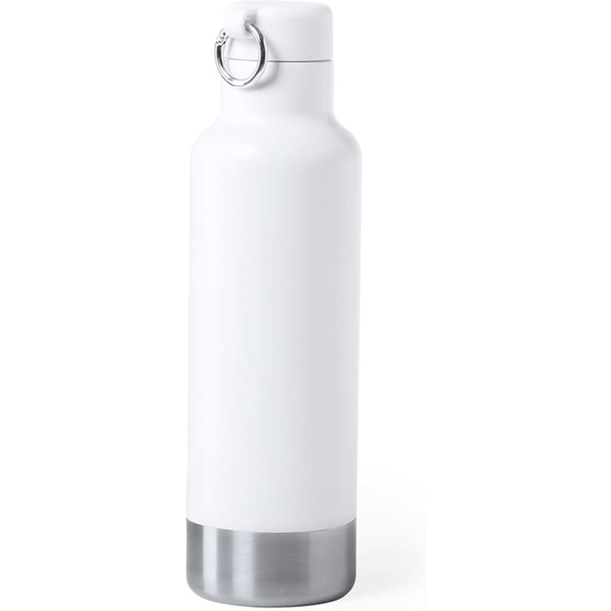 A drink bottle in white with a stainless steel base and a metal ring on the cap, featuring a logo.