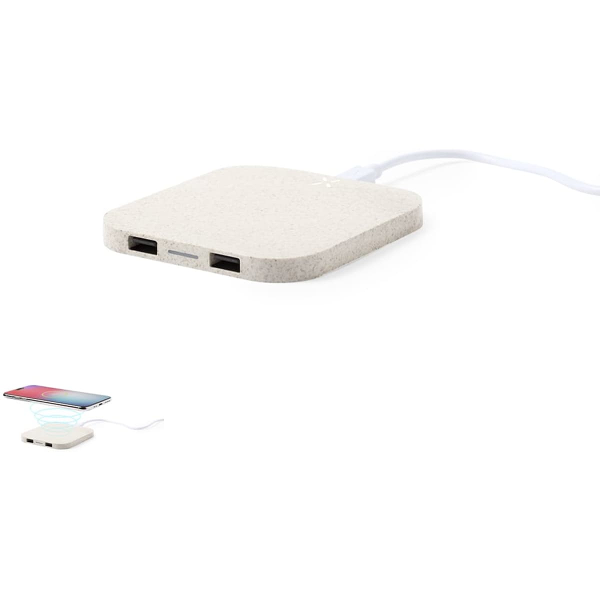 A wireless charger in a light beige colour with two USB ports and a white charging cable. It features a logo.