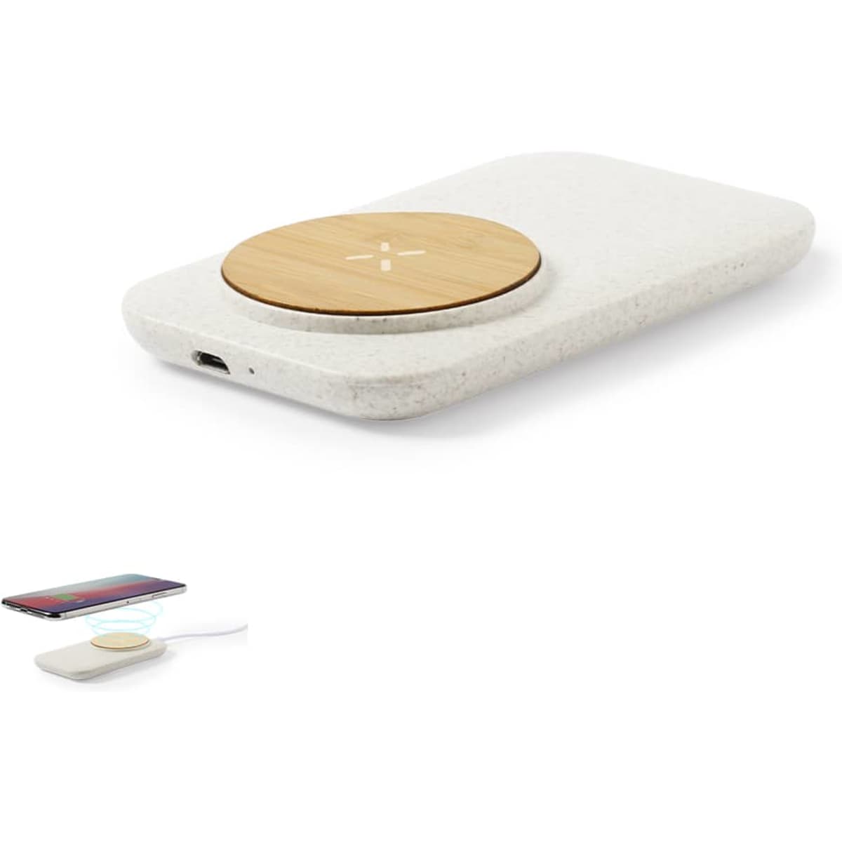 A wireless charger in off-white with a wooden circular top, designed for charging phones.