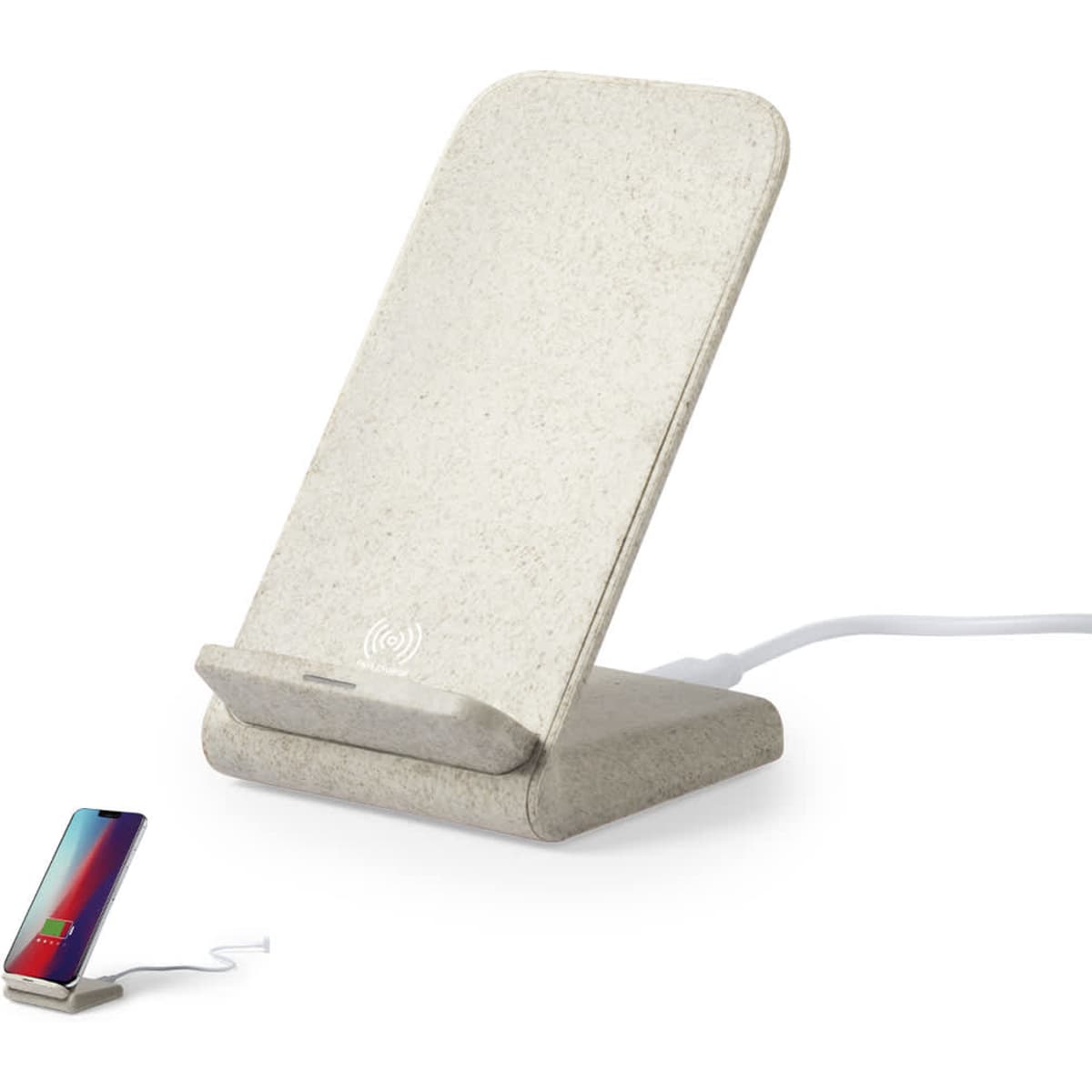 A wireless charger with a sleek, light grey design, featuring a stand for phone placement. Includes a branded logo.