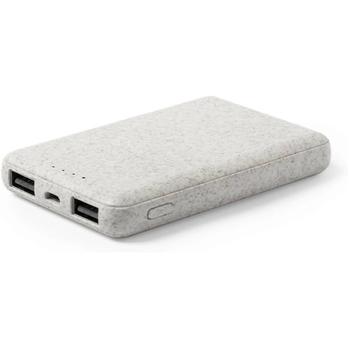 A power bank in a textured light grey finish, featuring two USB ports and a side button. It has a logo on the surface.