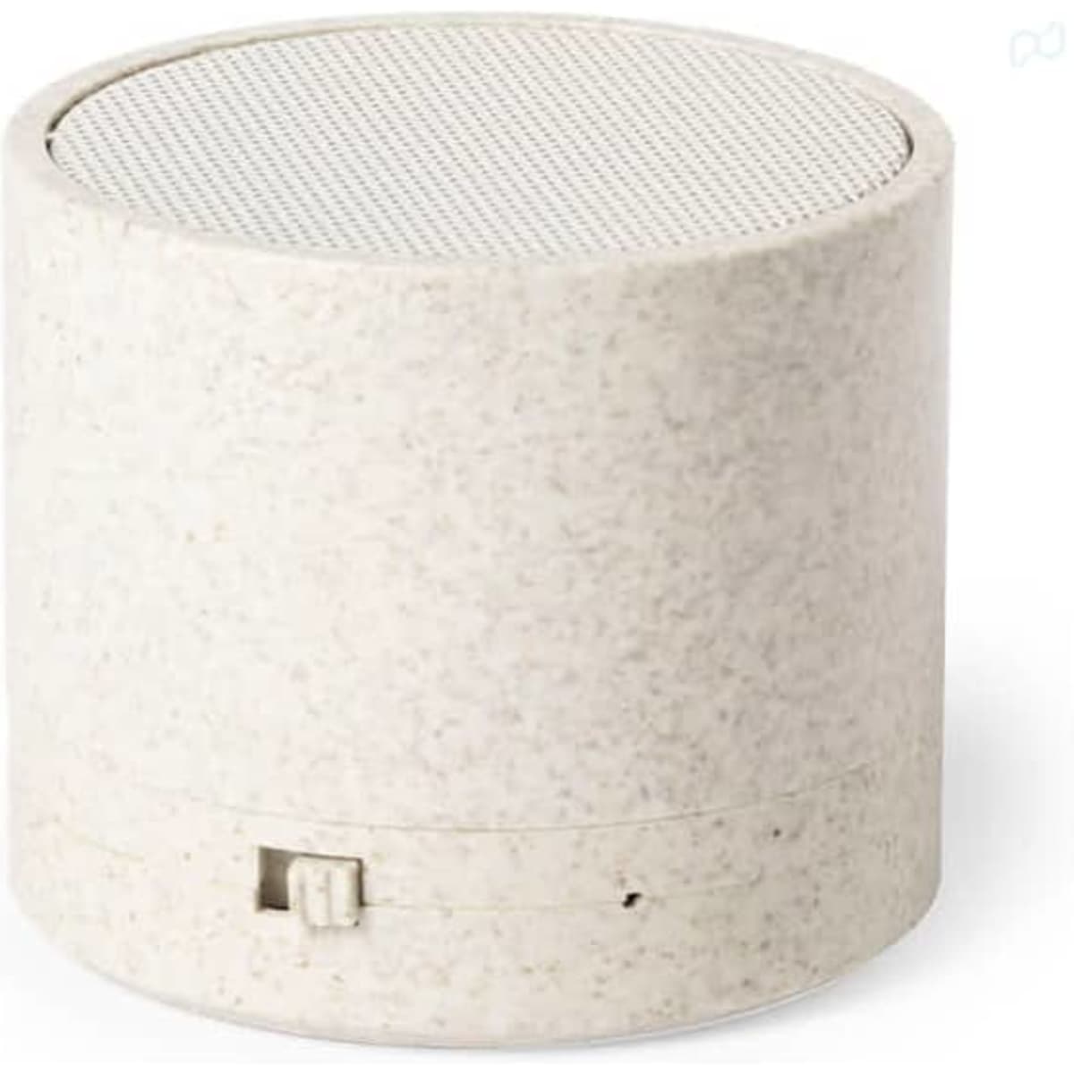 A Bluetooth speaker in a cream textured finish with a mesh top and a branding logo.
