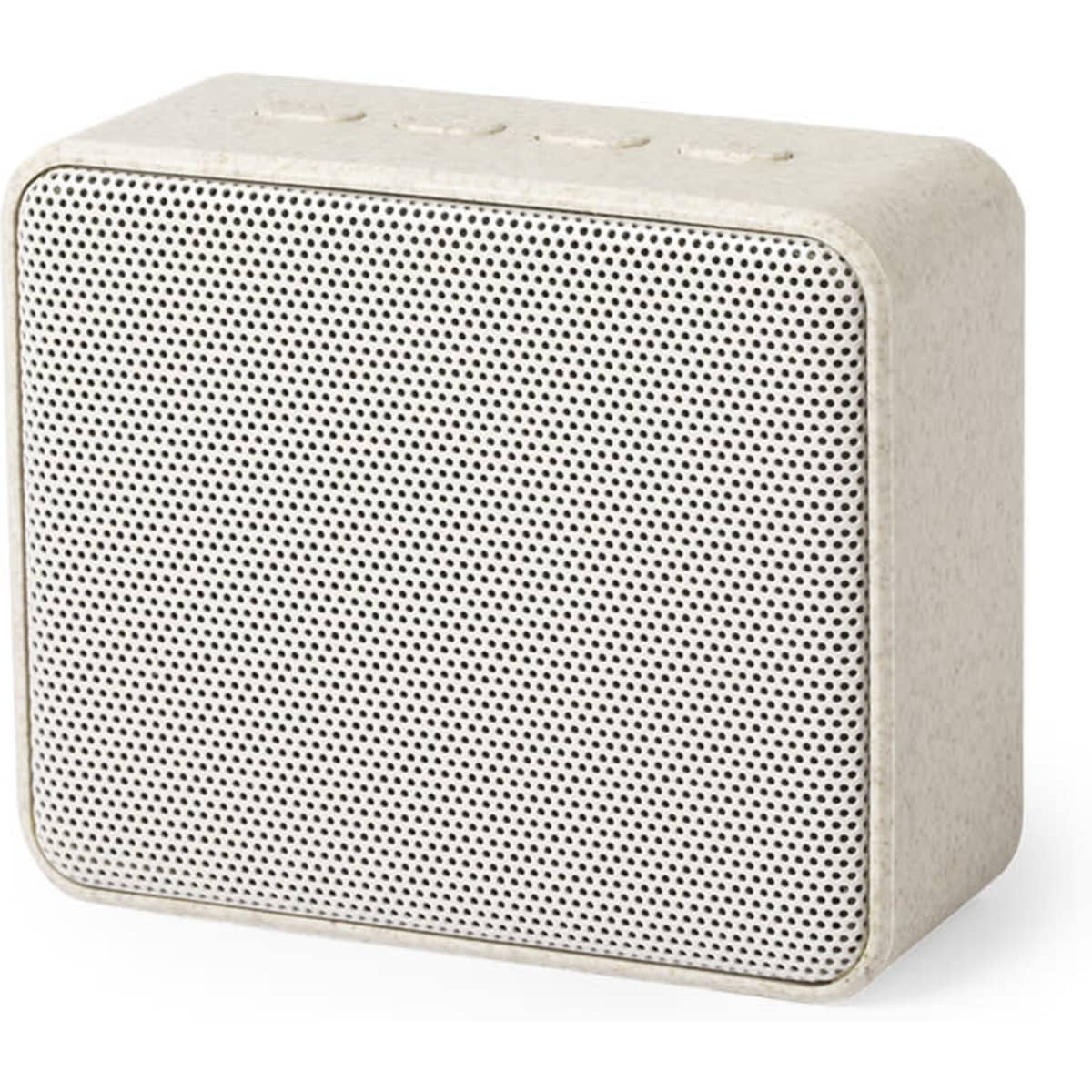 A compact cream Bluetooth speaker with a textured surface and three control buttons on top.