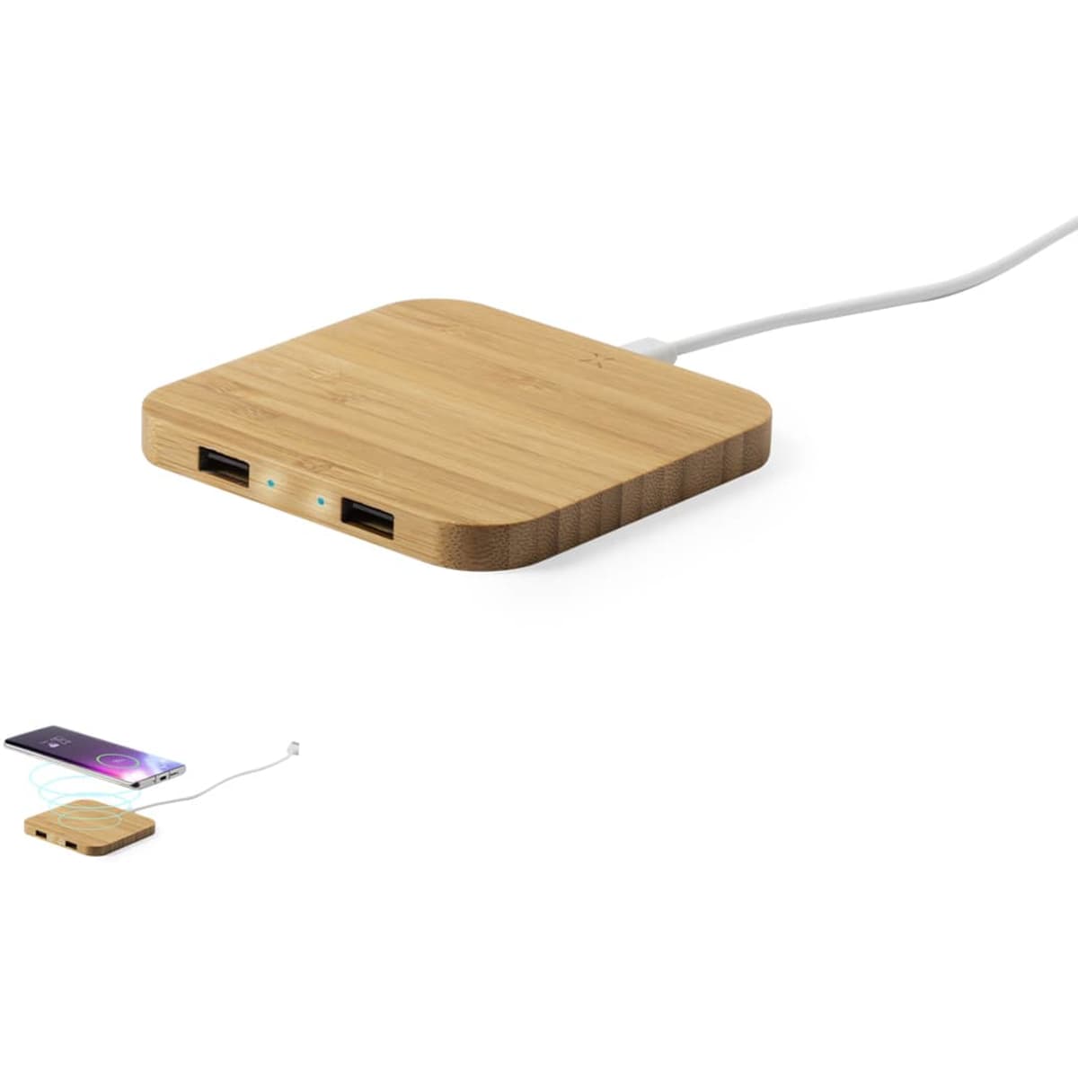 A wireless charger with a bamboo finish, featuring two USB ports and a white charging cable.