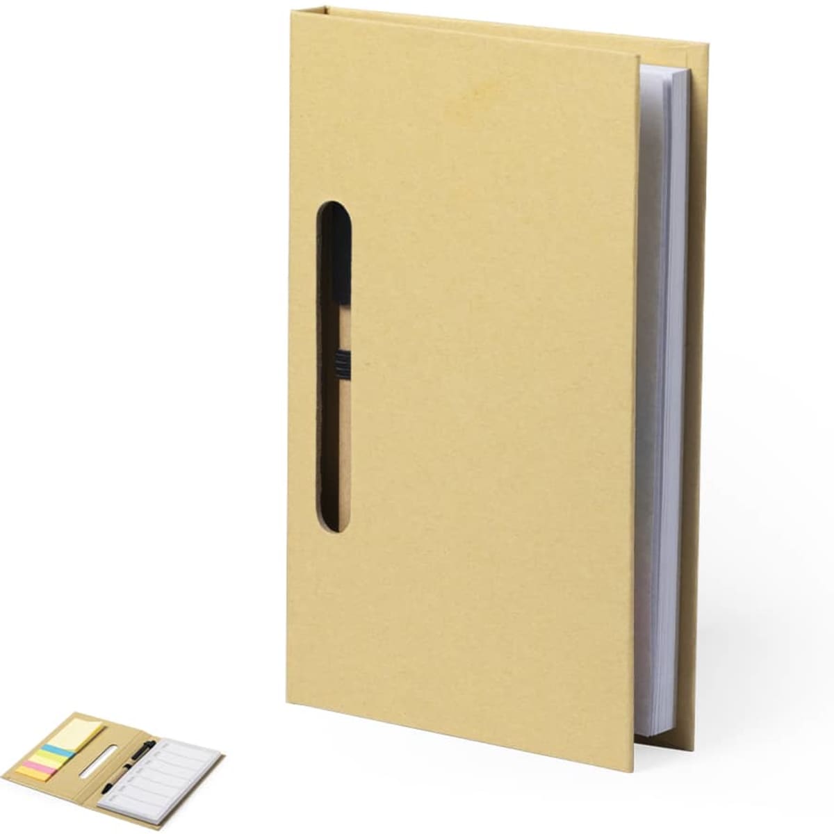 A brown notebook with a cutout for a pen and a stack of sticky notes beside it. The notebook has a plain cover.