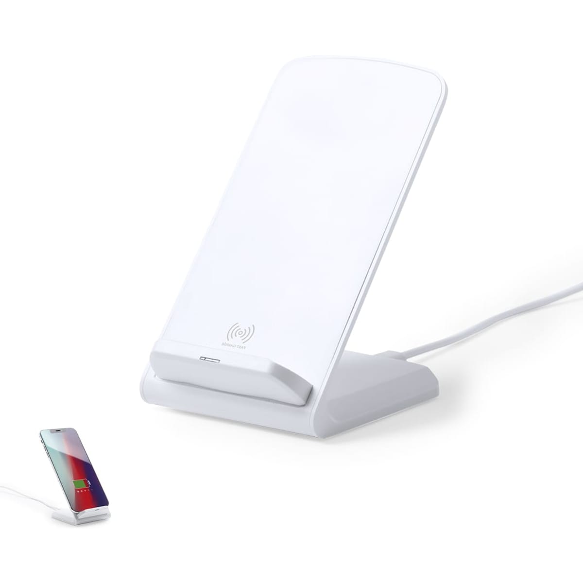 A wireless phone charger in white with a sleek, upright design featuring a cable attachment and a base.