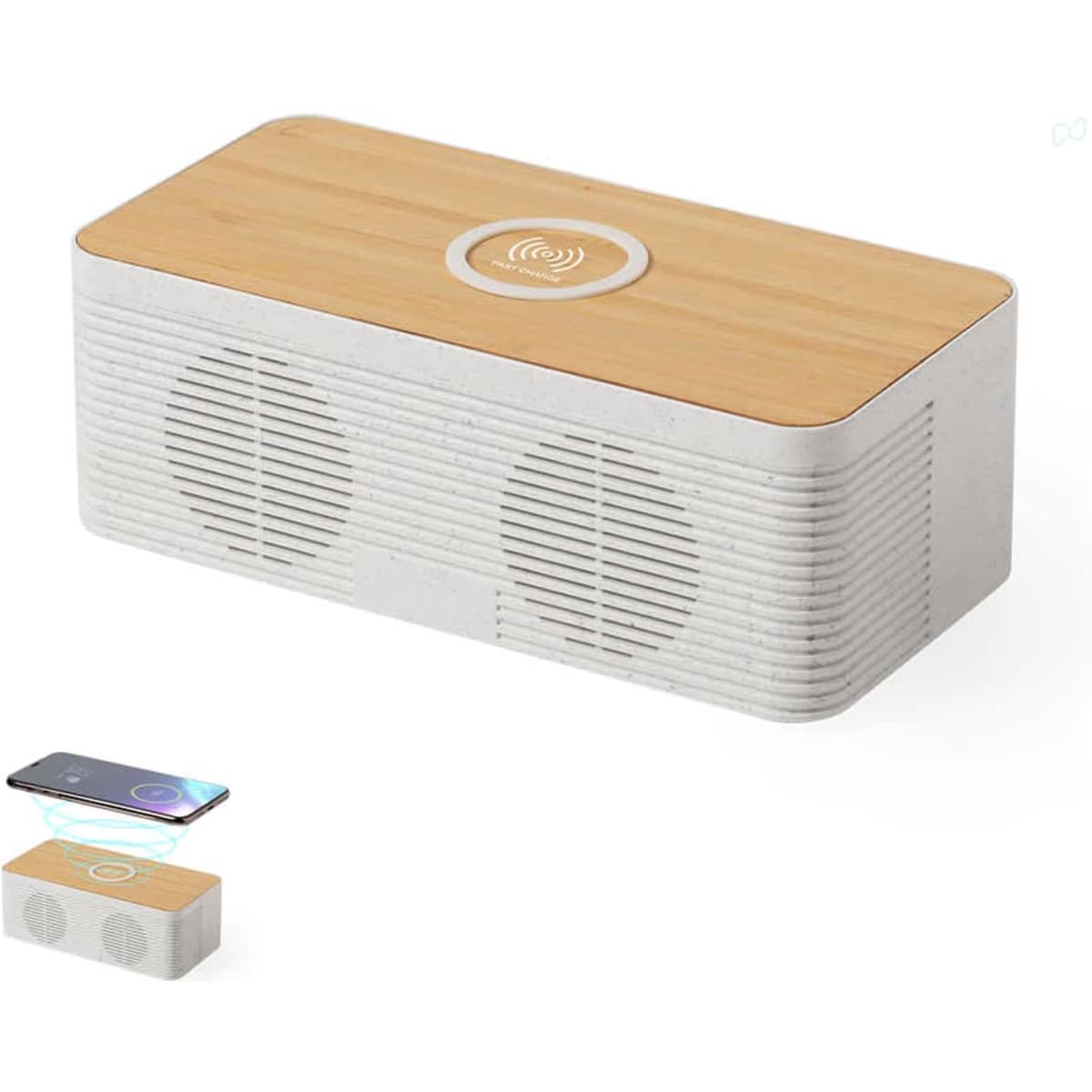 A rectangular Bluetooth speaker in white with a wooden top and wireless charging feature, featuring two speaker grilles.