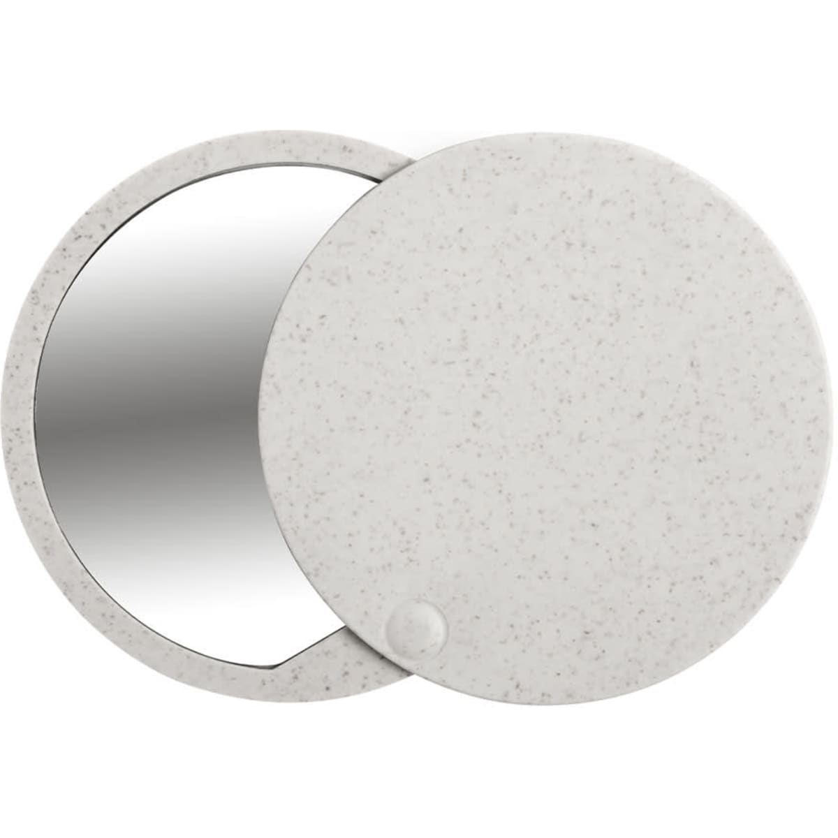 A circular mirror with a speckled white casing, featuring a smooth, reflective surface and a small button.