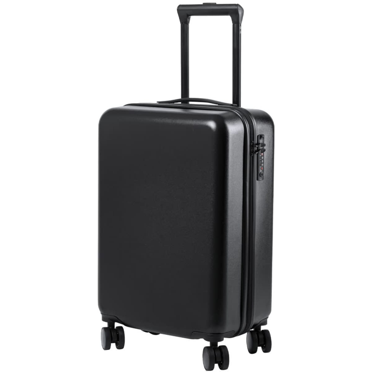 A sleek black wheeled bag with a retractable handle and four wheels for easy transport. It features a branded logo.