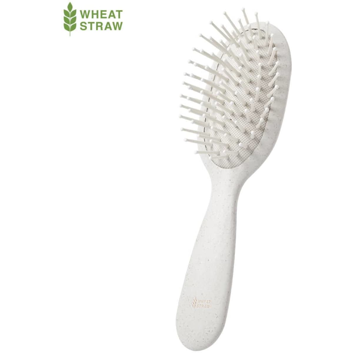 A hairbrush featuring a pale white design with flexible bristles and a textured handle. It has a logo.