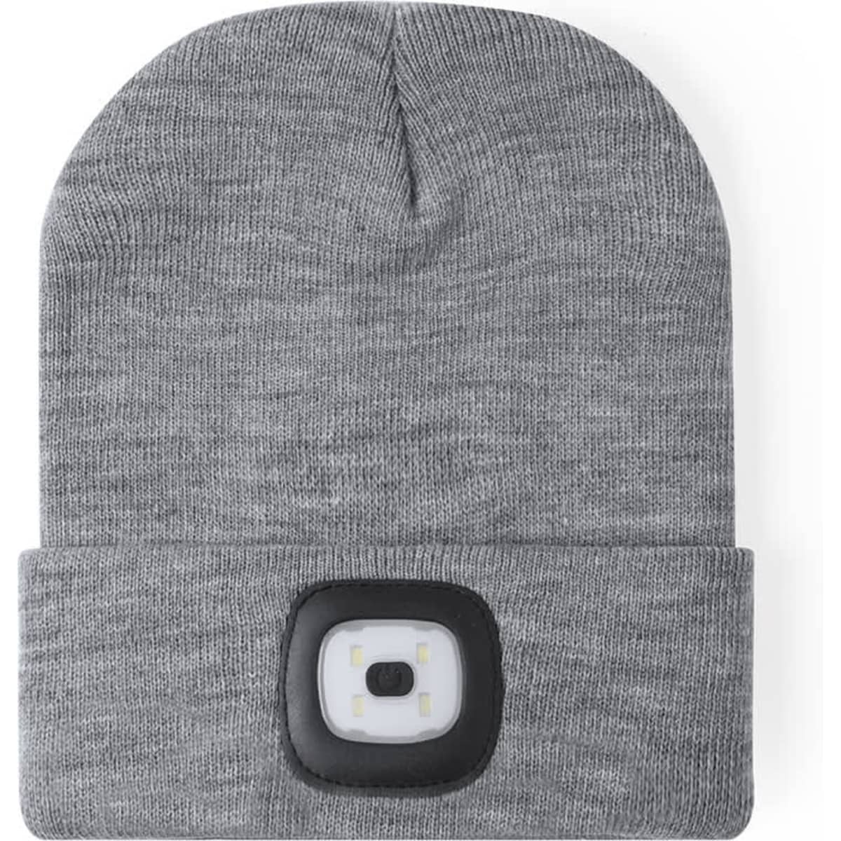 A grey beanie with a black section featuring a built-in light and a logo.