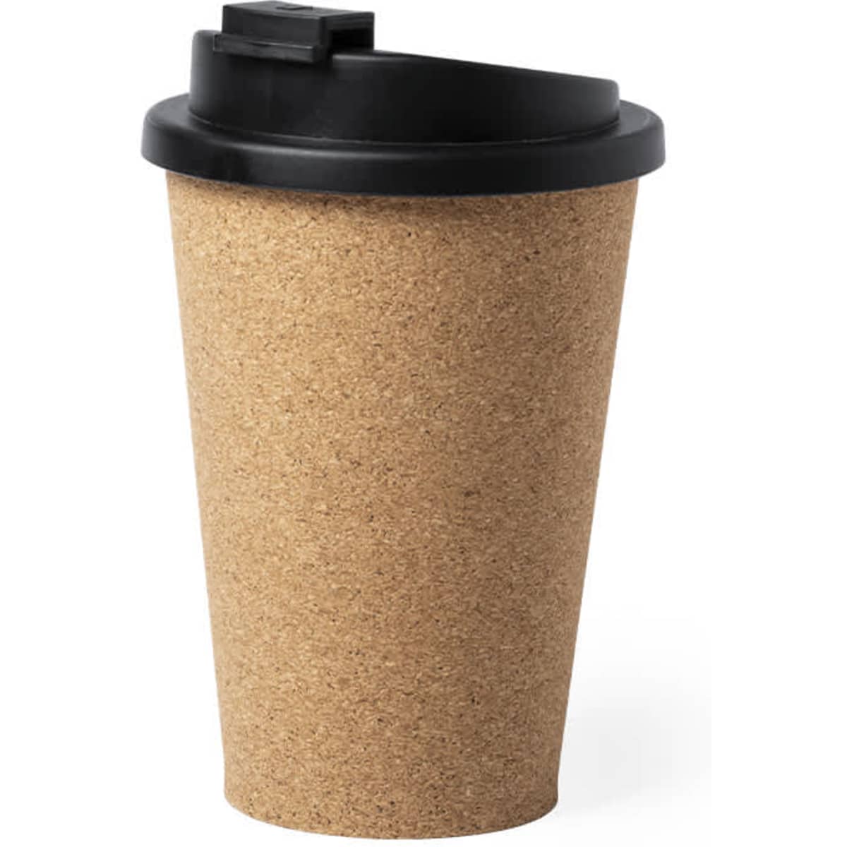 A drink bottle with a cork exterior and a black lid, featuring a logo on the front. Ideal for travel.