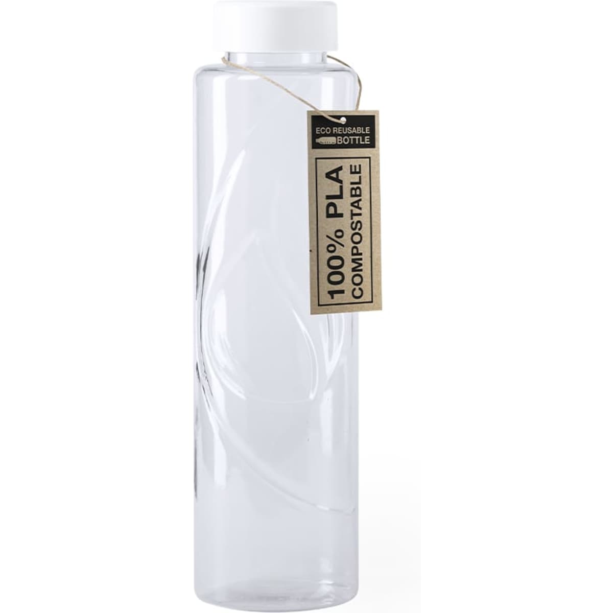 A drink bottle in clear plastic, featuring a wave design and a white cap, with a branding tag indicating it's compostable.