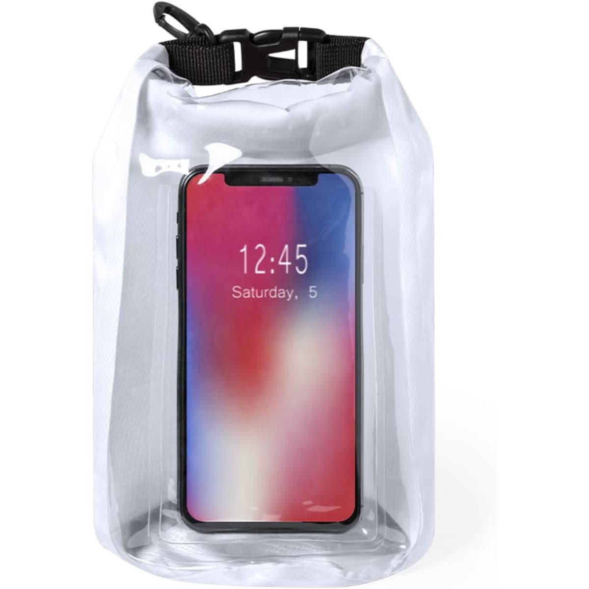 A transparent dry bag in white, featuring a black strap and holding a smartphone inside.