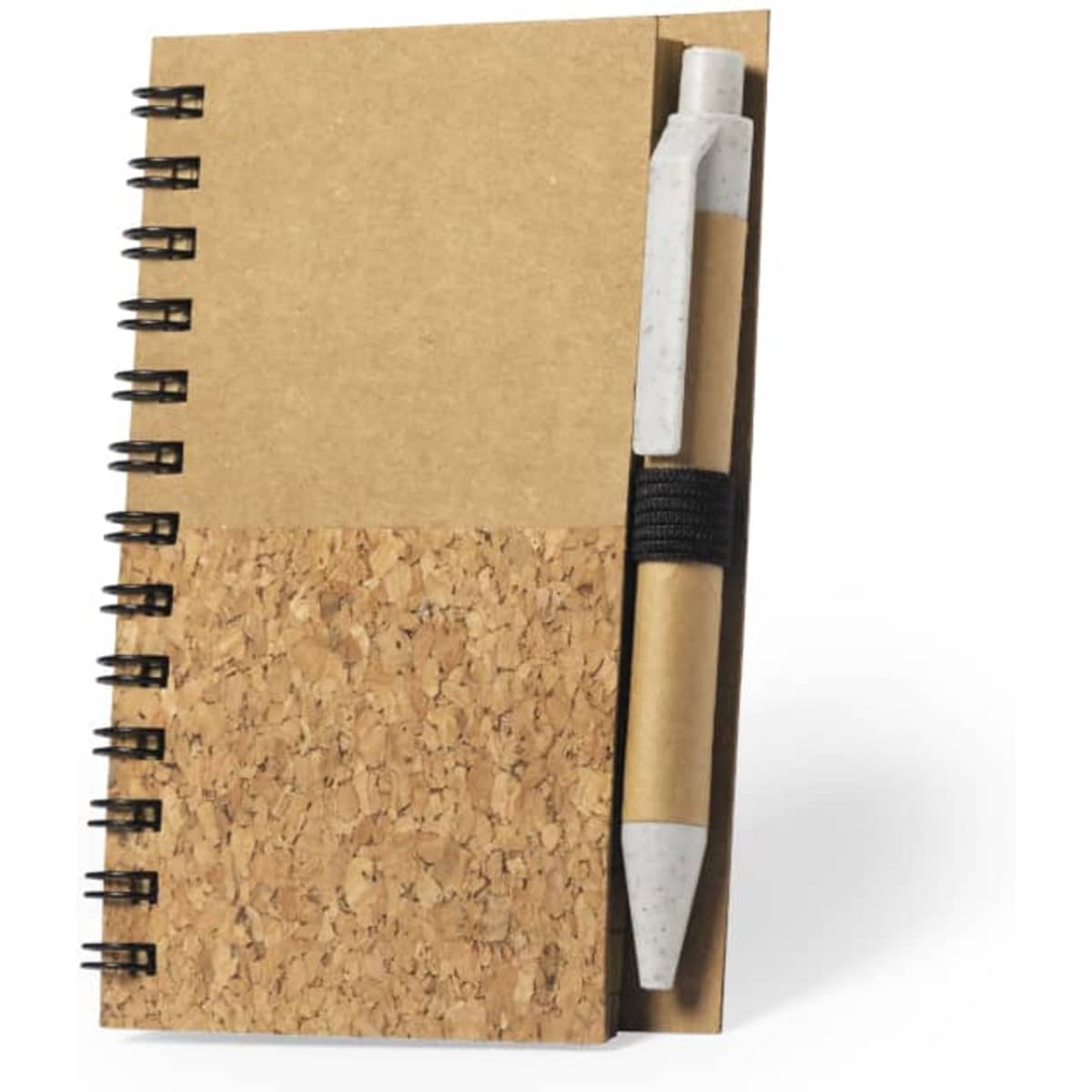 A notebook with a cork and brown paper cover, featuring a black spiral binding and accompanied by a pencil.
