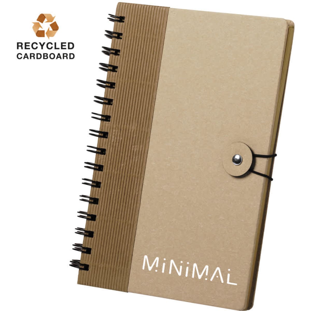 A brown spiral-bound notebook made from recycled cardboard, featuring a minimal design and an attached cord closure.