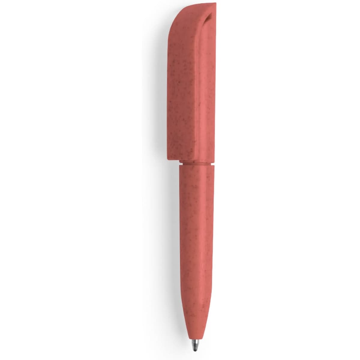 A red pen with a unique, minimalist design and a cap. The pen features a logo.