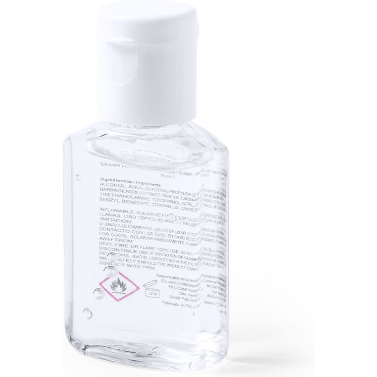 A clear hand sanitiser bottle with a white cap, featuring a logo and information on the back.