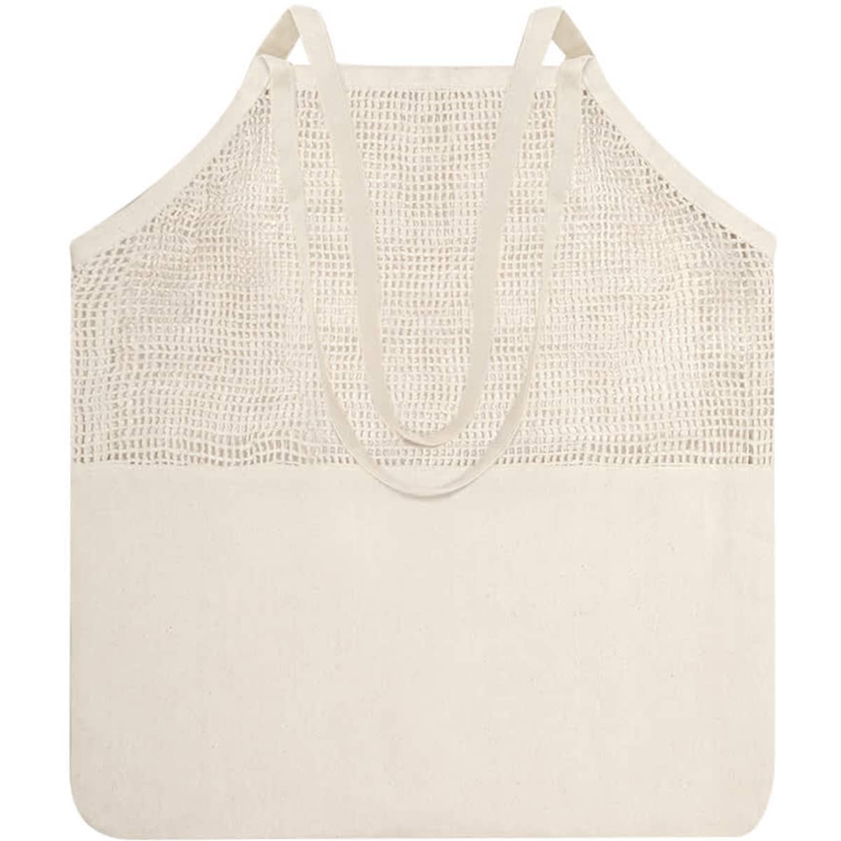 A beige tote bag with a mesh upper and solid lower section, featuring two shoulder straps and a logo.