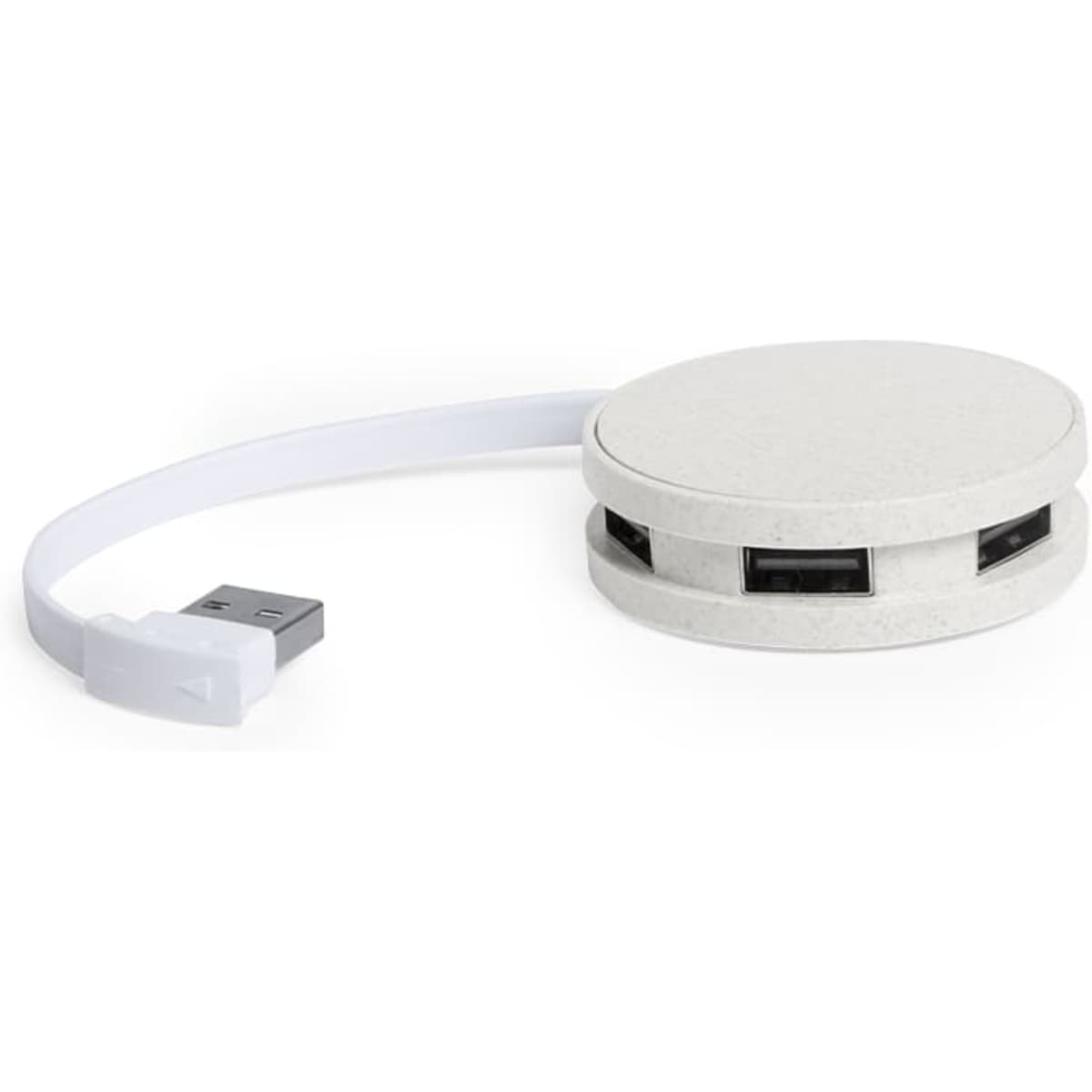 A white USB hub featuring multiple ports and a disc-shaped design with a connecting cable.
