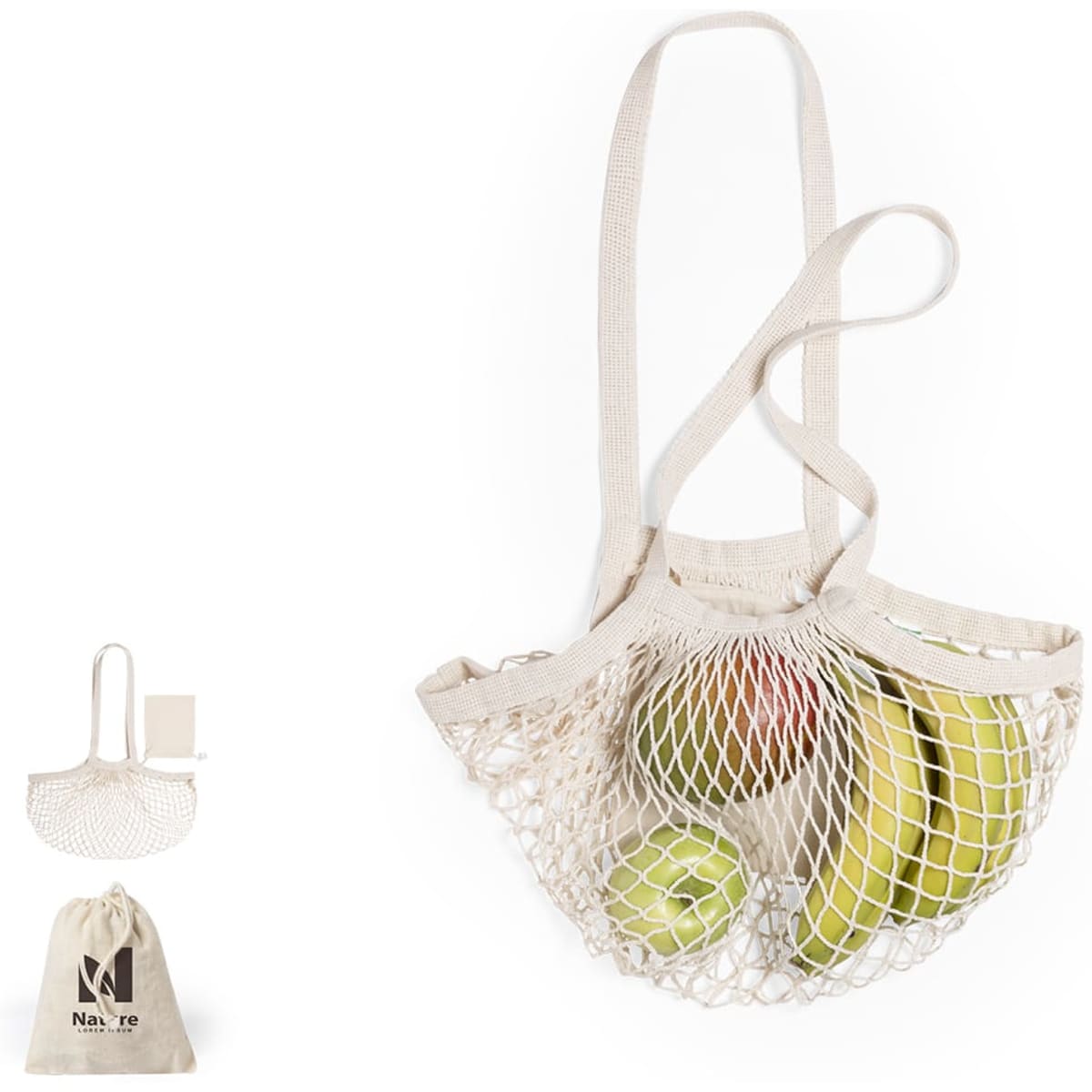 A foldable tote bag in cream, featuring a mesh design with apples and bananas inside, accompanied by a small storage pouch.
