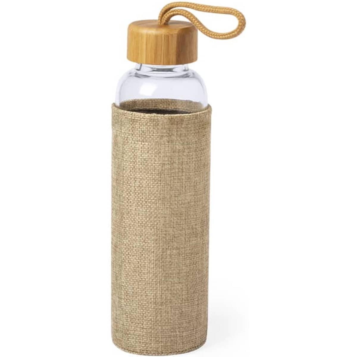 A drink bottle with a clear glass body, wooden lid, and a natural fabric sleeve for insulation.
