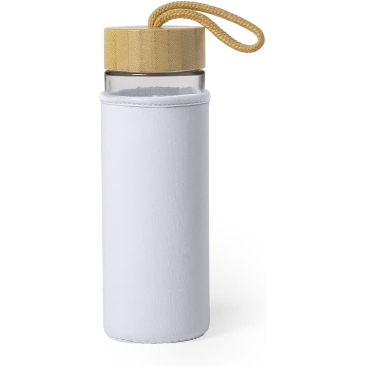 A drink bottle with a clear body, light grey sleeve, and a bamboo lid, featuring a rope handle.