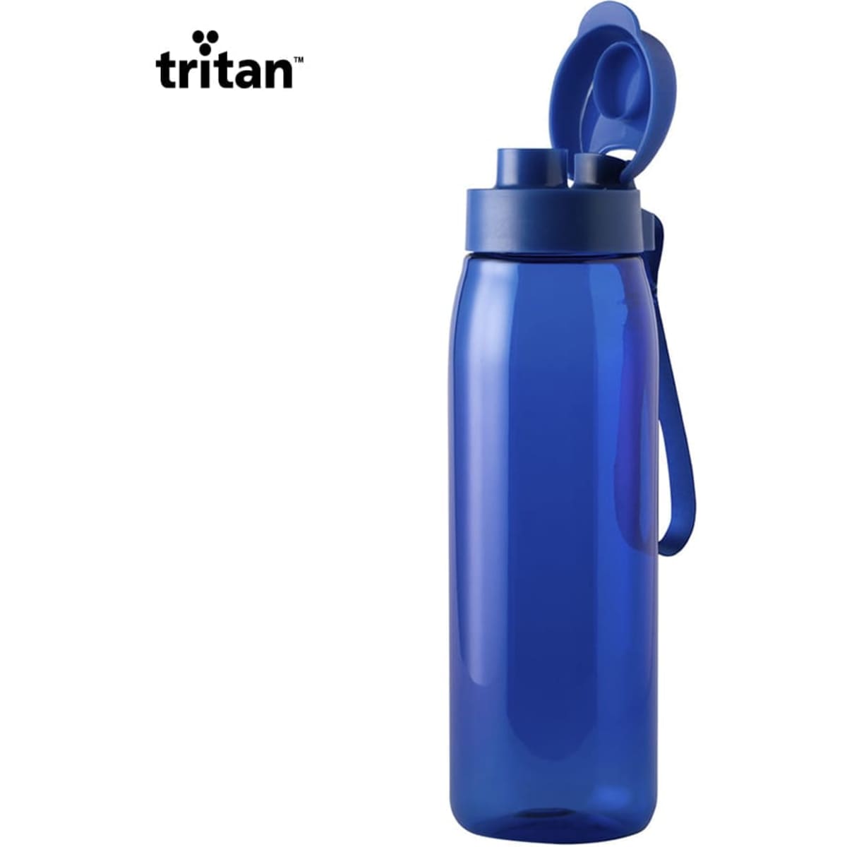 A drink bottle in a vibrant blue colour, featuring a flip-top lid and a handle. Includes a logo on the side.