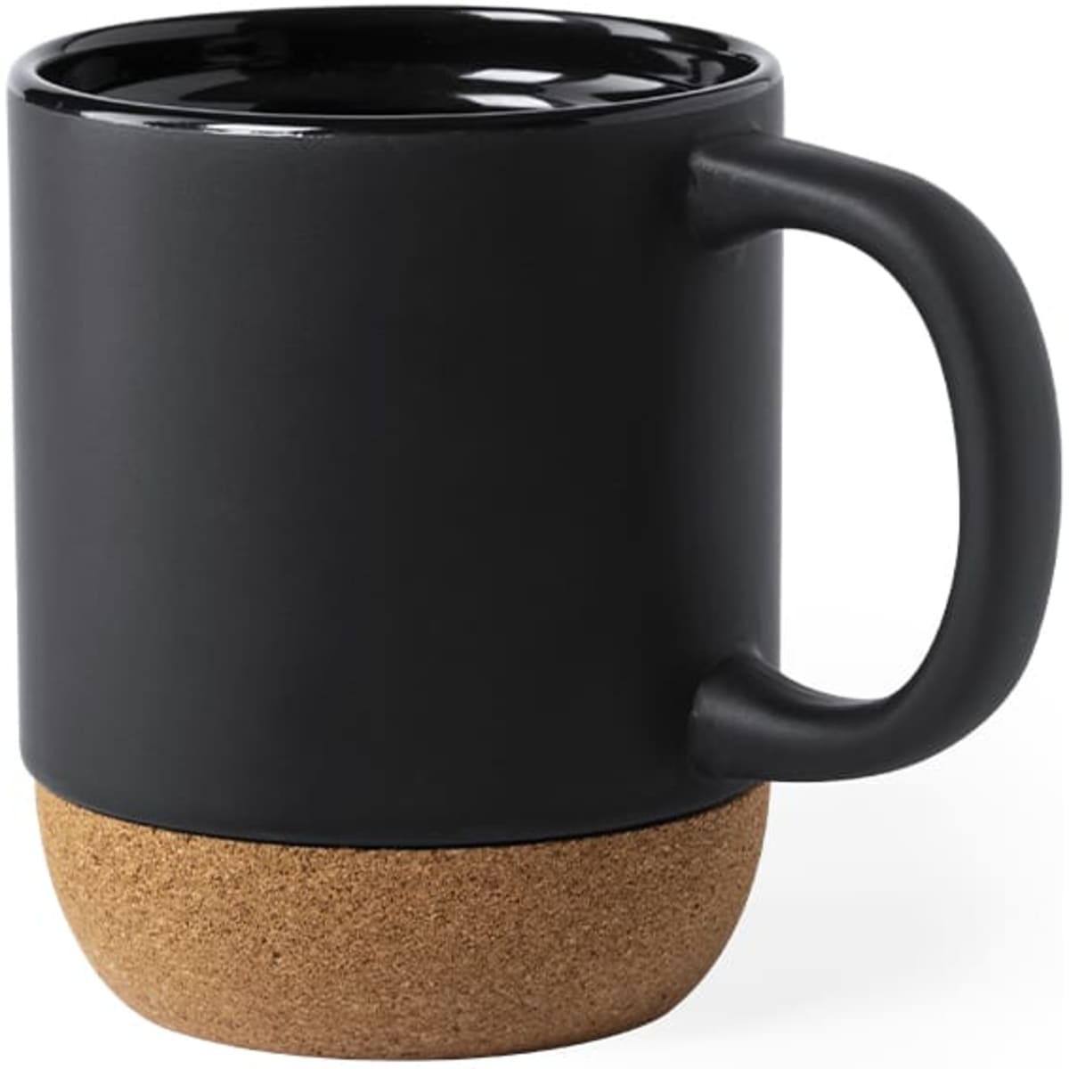 A black coffee mug with a cork base and a sturdy handle, featuring a simple, modern design.