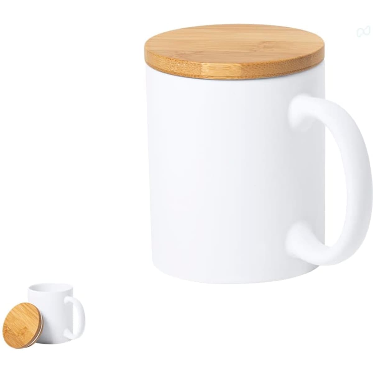 A white coffee mug with a bamboo lid, featuring a curved handle and smooth finish.
