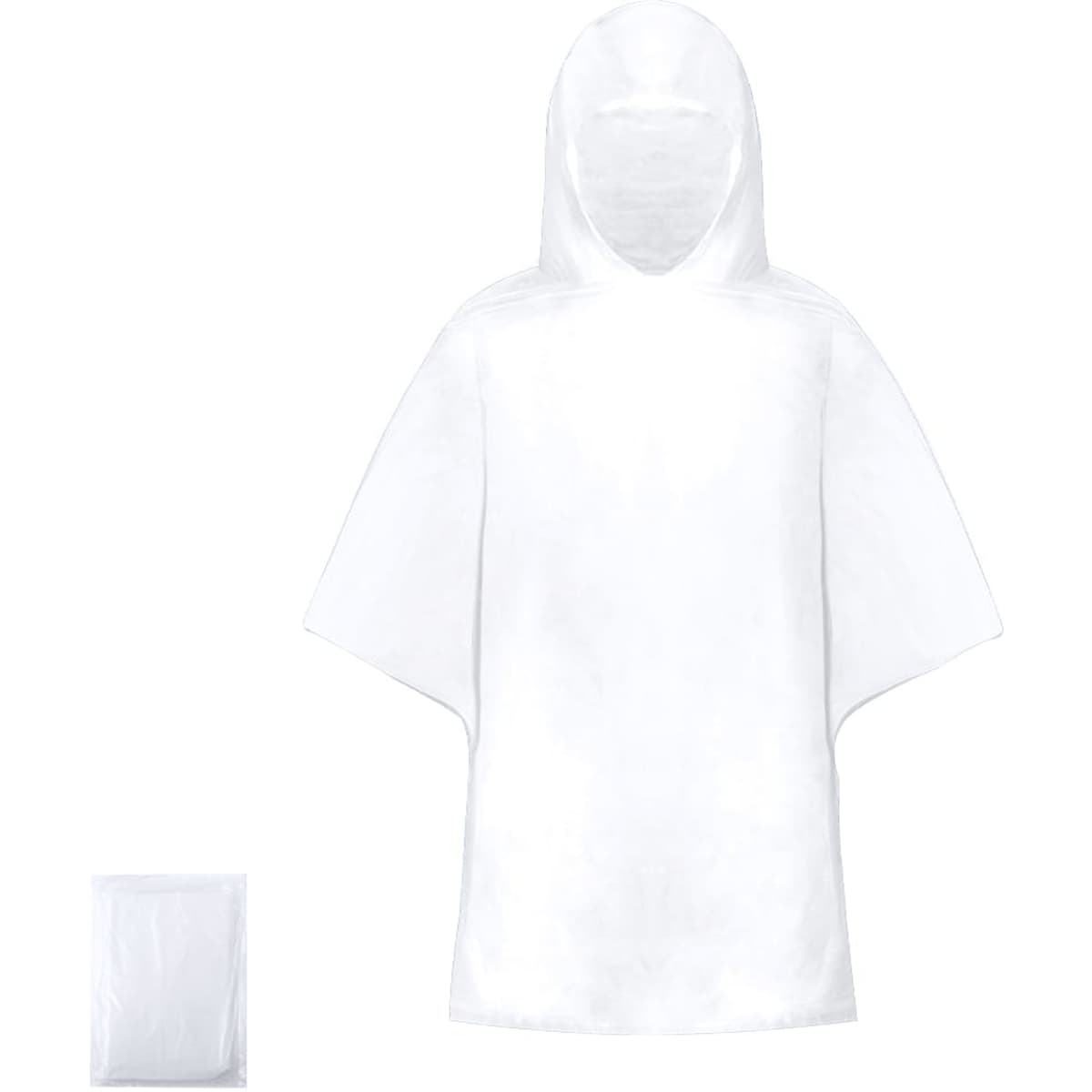 A white poncho with a hood, featuring a logo, accompanied by a compact folded version.