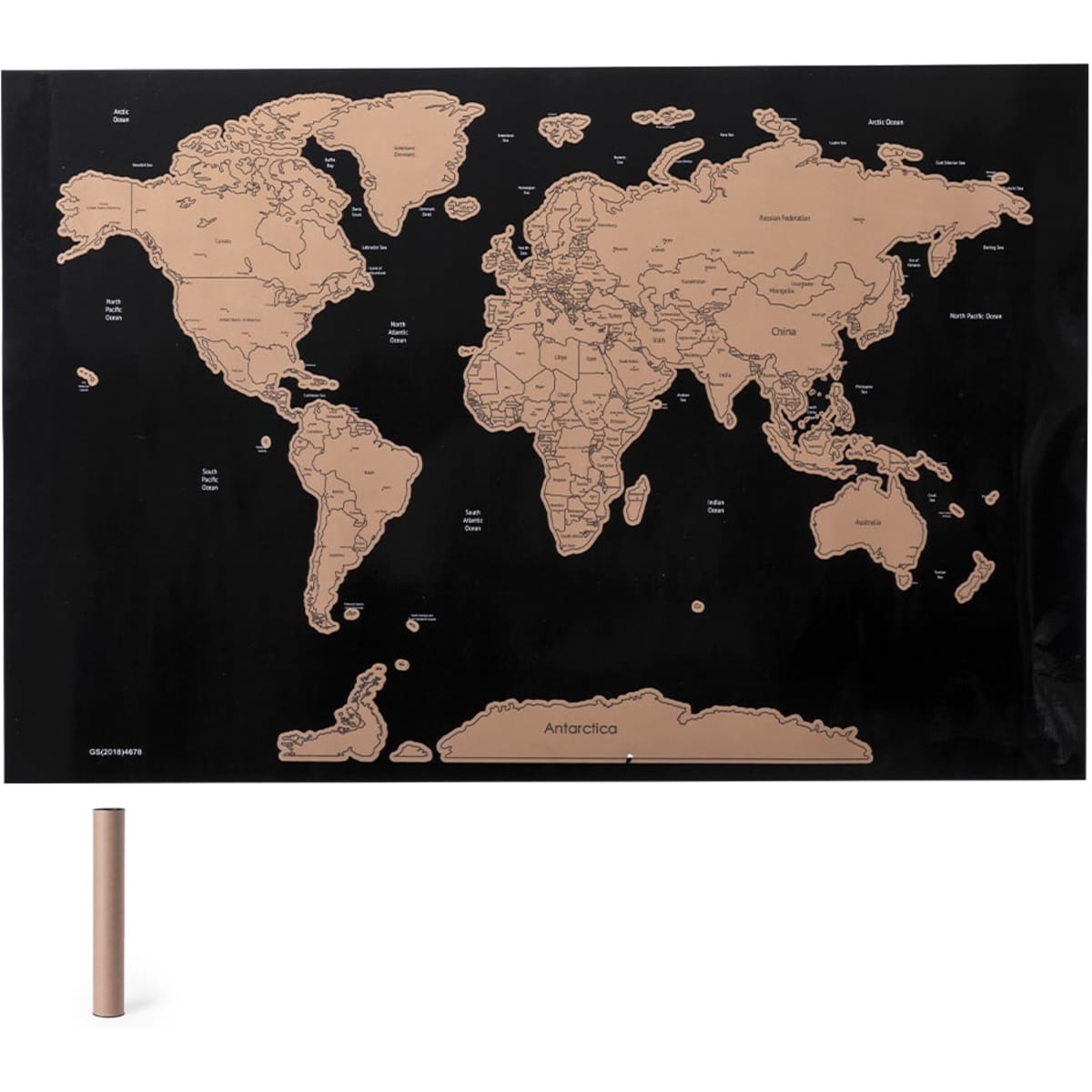 A world map scratch-off poster with a black background and copper-coloured countries. Includes a stand.