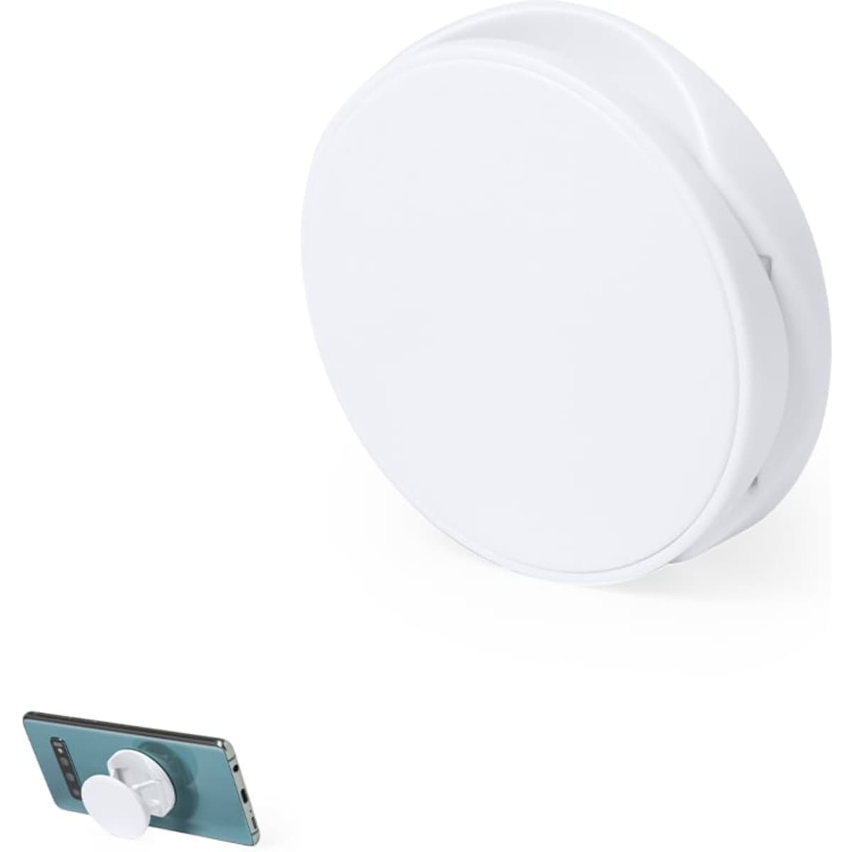 A white phone stand with a circular design, shown alongside a phone featuring a pop socket.