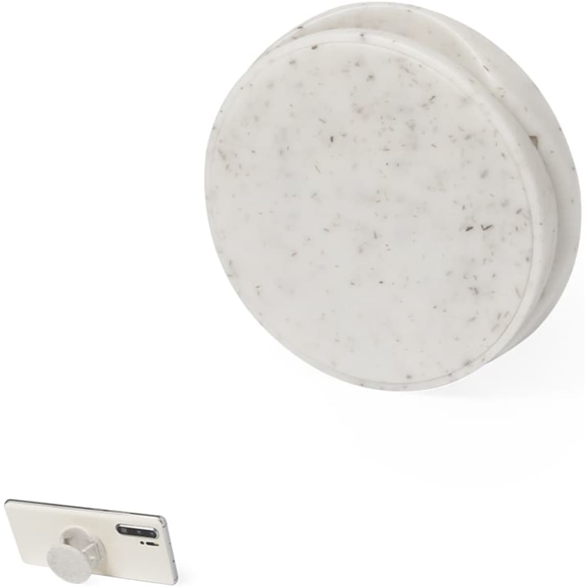 A round, speckled white phone stand with a silver attachment for secure device support.