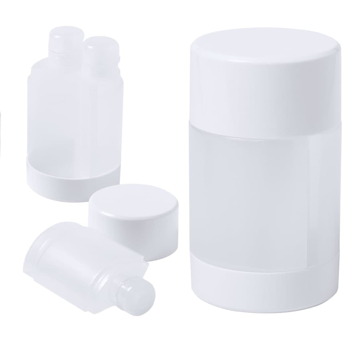 A set of white travel toiletry bottles in various sizes, including a tall container, two smaller bottles, and a round cap.
