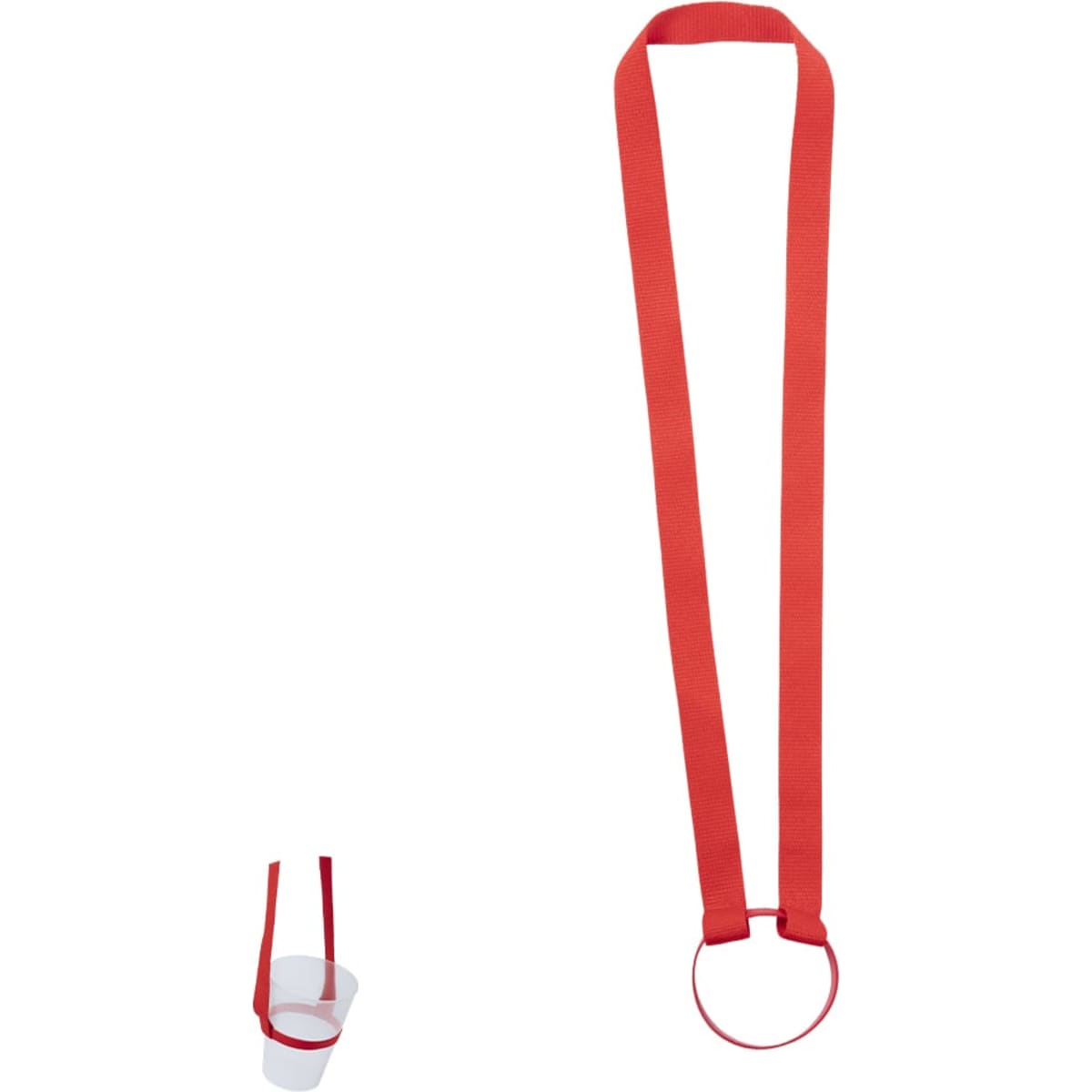 A red lanyard with a circular holder designed for carrying a drink bottle or cup.