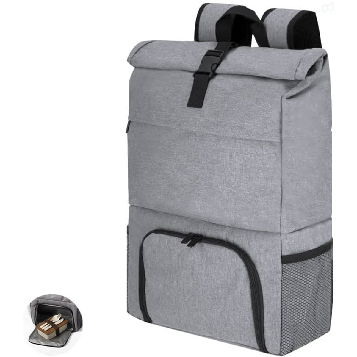 A grey backpack with a roll-top closure, featuring a front pocket and a side mesh pocket. It includes branding.