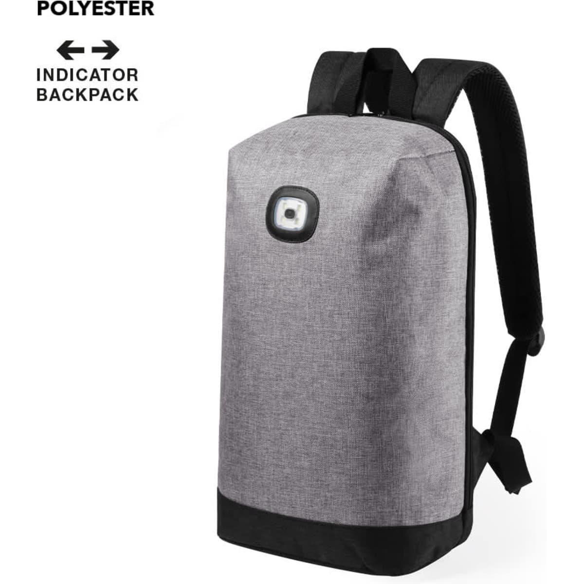 A grey backpack with a black bottom, featuring a logo on the front and shoulder straps.