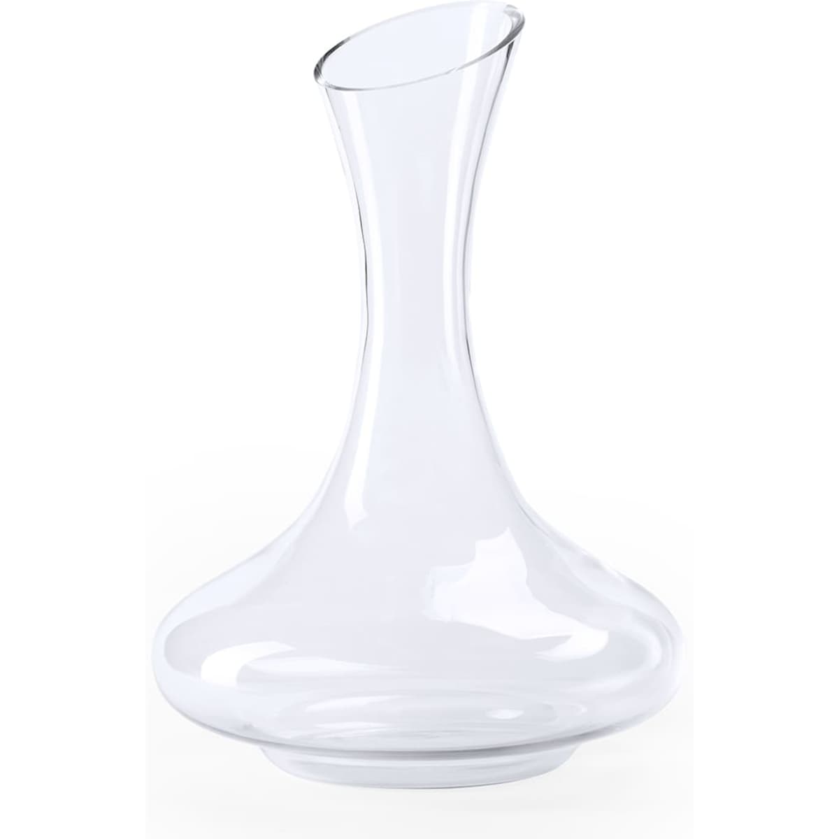 A clear glass decanter with a tall neck and wide base, designed for serving beverages.