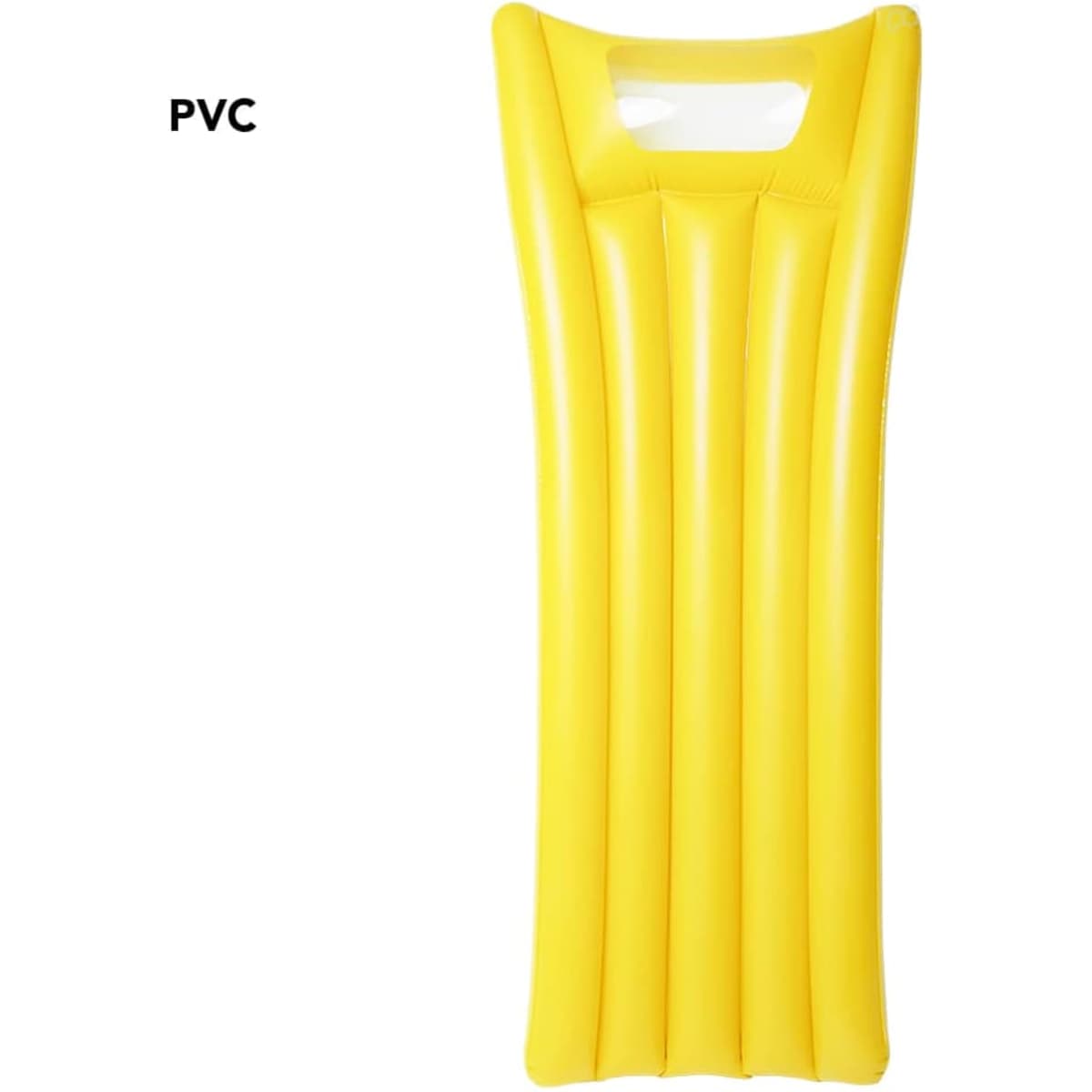 A yellow inflatable air mattress made of PVC, featuring a handle at the top.